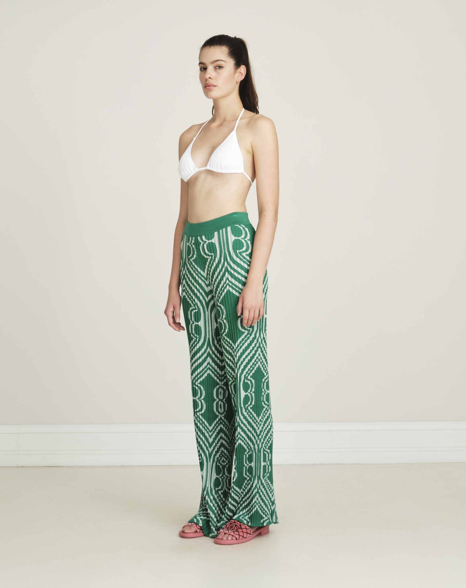 Etro -Green Geometric Pattern Jacquard Plisse w Palazzo Pants  IT42